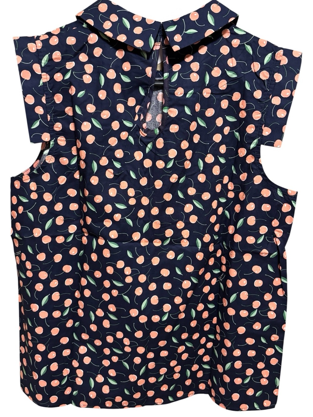 NWT Sleeveless Navy Red Cherry-Print Button Front Blouse Cap Sleeves 100% Cotton - Picture 4 of 8